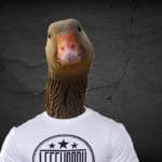 Goose head on man's body.