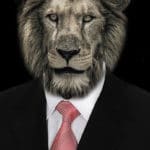 Lion head on man's body.