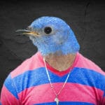 Bird head on man's body.