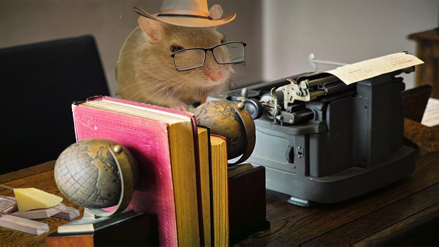 Mouse wearing cowboy hat and sitting at a typewriter.