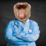 Proboscis monkey head on doctor's body.