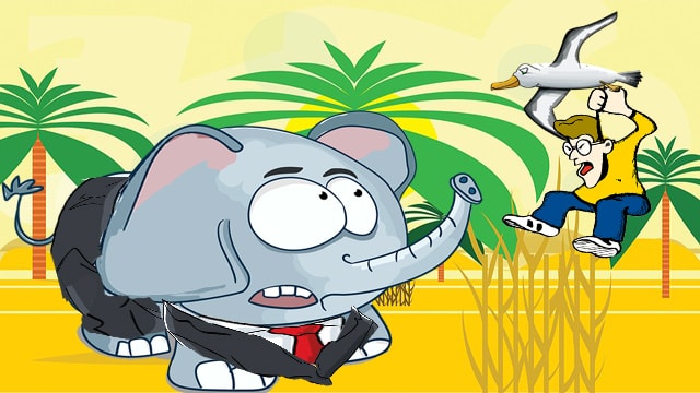 Cartoon elephant being attacked by crazy man.