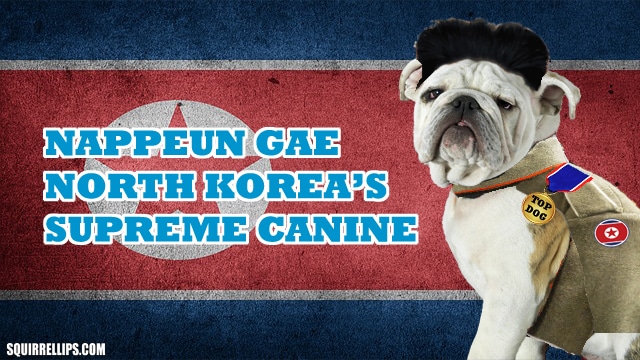 Parody of North Korea's Kim Jong Un with a bulldog as leader.