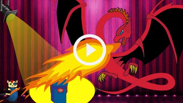 Cartoon dragon blowing fire on a fat seal in a game show.