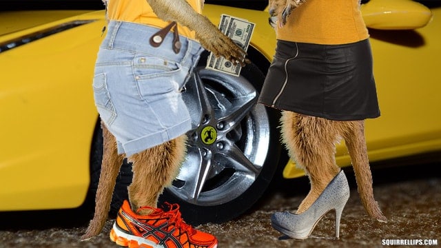 Two anthropomorphic meerkats wearing human clothes.