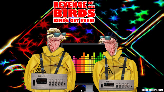 Two buzzards wearing yellow jumpsuits inside disco club.