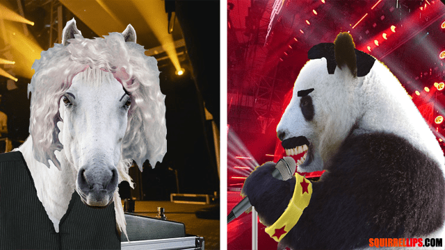 Parody of Queen with a panda bear as Freddy Mercury and horse as Brian May.
