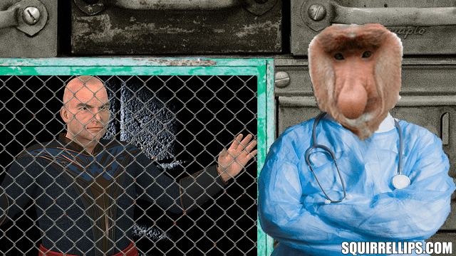 Proboscis monkey in scrubs standing in front of bald man inside cage.