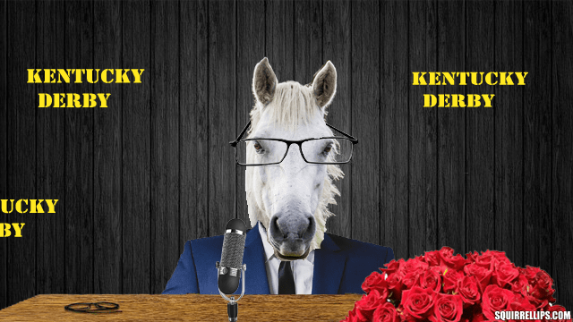 White horse dressed in blue suit giving interview at desk.
