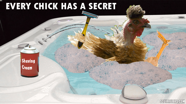 Yellow chicken in bathtub shaving.