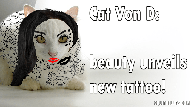 White cat wearing black wig and makeup.