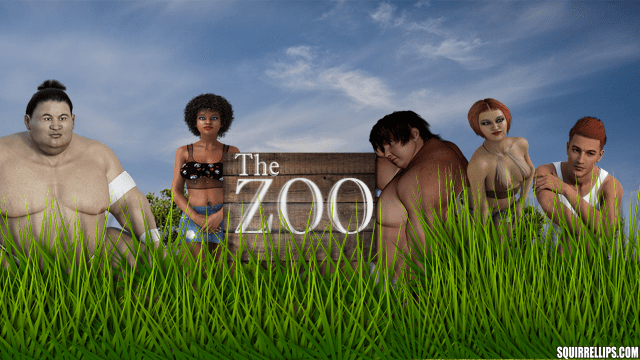 Various races of humans standing on grass in front of zoo sign.