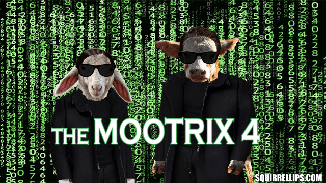 Parody of The Matrix with Keanu Reeves and Carrie-Ann Moss as a cow and sheep.