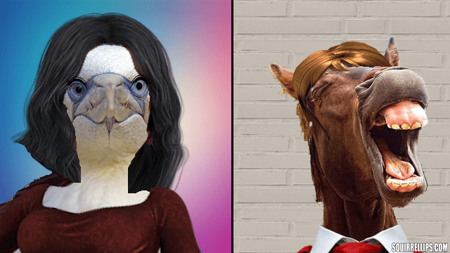 Bird and horse playing Geena Davis and Michael Bay in Parody.
