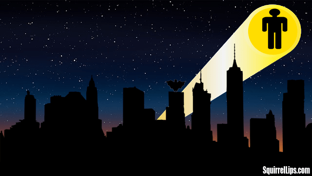Dark New York city with parody Batman Forever Bat Signal in sky.
