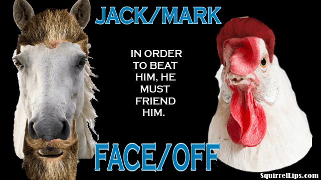 Parody with Jack Dorsey as white horse and Mark Zuckerberg as white chicken.