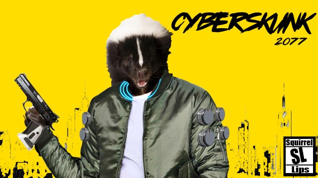 Skunk wearing bomber jacket holding gun against yellow wall.