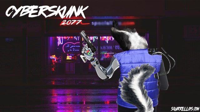 Highly Anticipated 'CyberSkunk 2077' Video Game Release Is Almost Here 30 Skunk wearing blue vest holding gun near neon building.