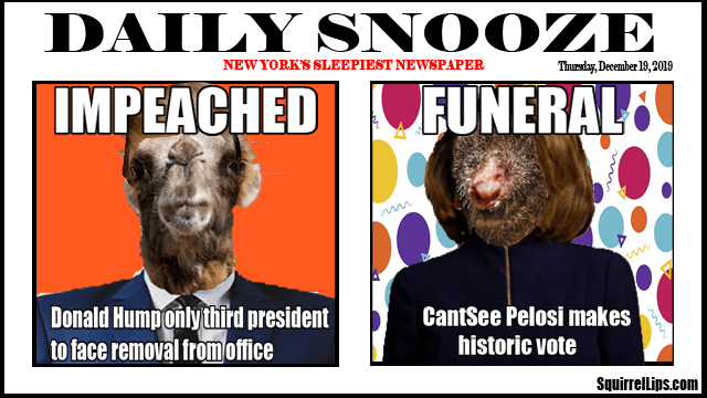 Camel wearing blue suit and mole wearing blue dress on newspaper.