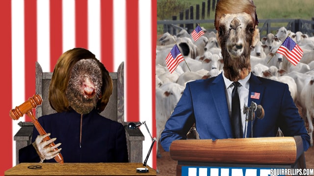 Camel wearing blue suit and mole wearing blue dress on newspaper.