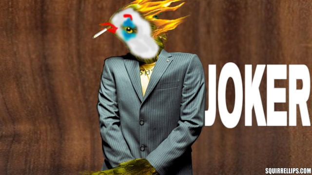 Phoenix bird wearing clown makeup and gray suit jacket.