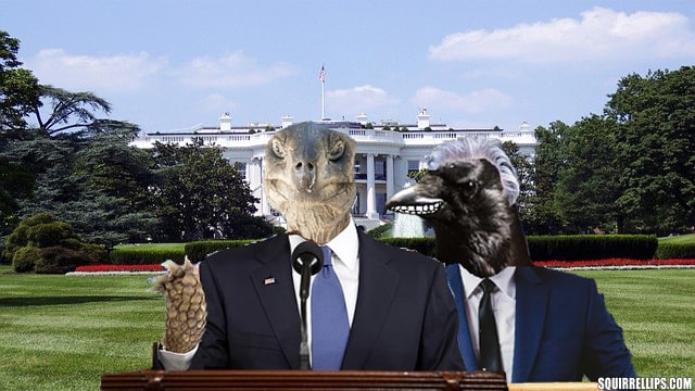 Turtle and crow wearing suits on White House lawn.