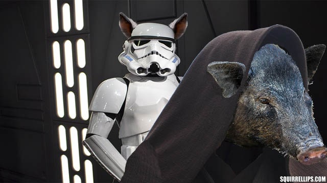 Star Wars parody with a pig wearing the Emperor's black robe.