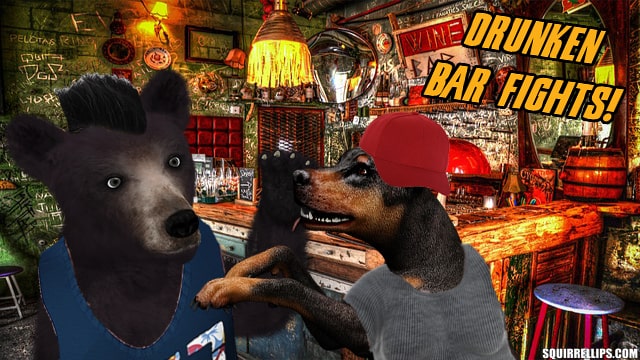 Doberman dog and black bear fighting inside bar.