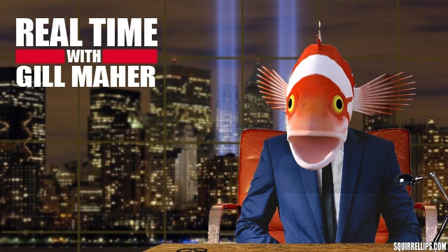 Orange and white fish wearing blue suit jacket.