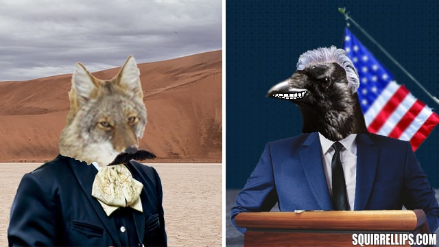Coyote and crow wearing blue suits side by side in desert.